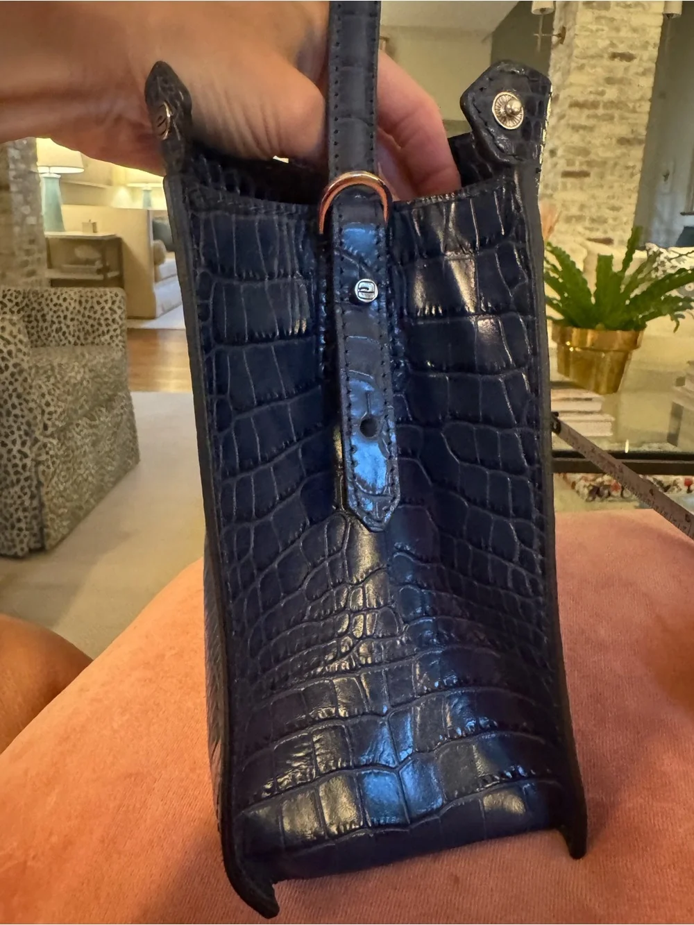 Gianni Chiarini Italian Navy Blue Croc Embossed Leather Handbag / Satchel